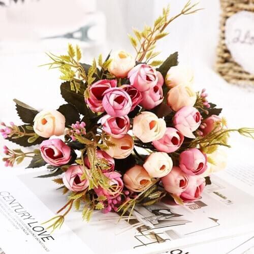 1 Bouquet Artificial Flowers Rose Tea Bud Flower Silk Fake Peony Flower flores for DIY Christmas Home Garden Wedding Decoration