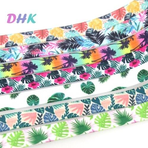 DHK 5/8'' 5yards Leaf Jungle Coconut Tree Printed Fold Elastic FOE Stretch Ribbon Hairbow Headwear Headband DIY OEM E1948