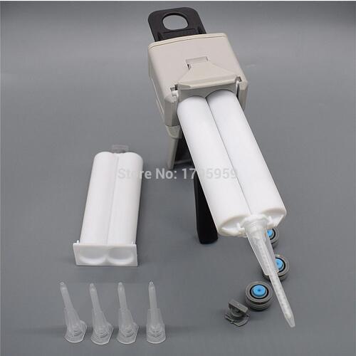 50ml 1:2 Adhesive Gun Dispenser AB Glue Gun Manual Caulking Gun with 5pc Static Mixing Nozzle and 2pcs 50ml Empty Dual Cartridge