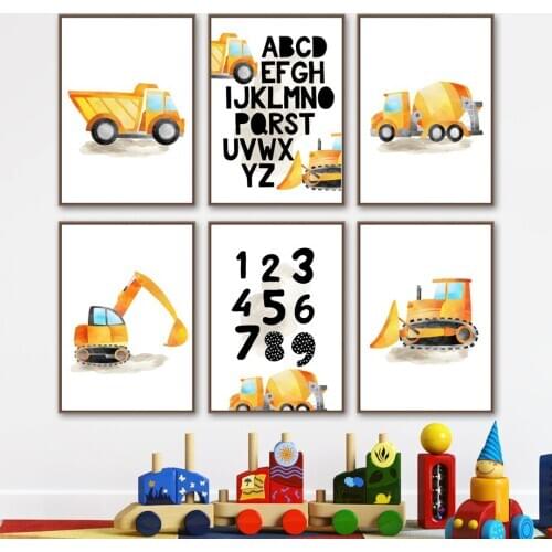 Alphabet trucks Construction Nursery Wall Art Print Canvas Painting Arabic Numerals Poster Wall Pictures Baby Kids Room Decor