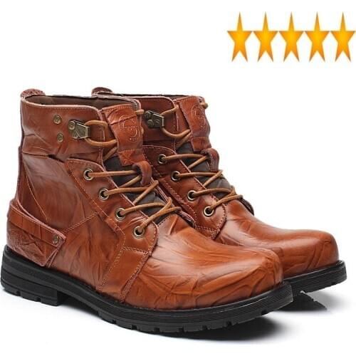 Men Genuine Leather Lace Motorcycle Up Fashion Winter Fur Lining Hot Sale Warm Shoes Matin Snow Boots Male Footwear Black
