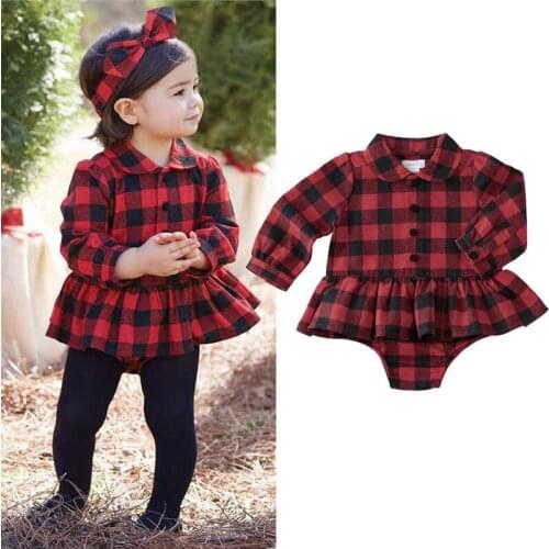 Autumn Red Plaid Newborn Infant Baby Girls Long Sleeve Cotton Bodysuit Tutu Skirted Bodysuit Jumpsuit Outfits Baby Clothes 0-24M