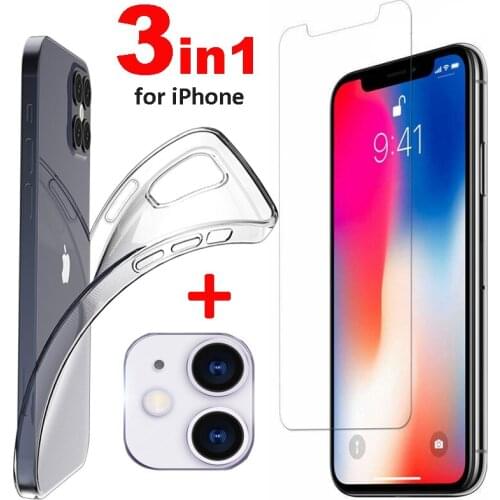Clear Soft TPU Case & Camera Lens Film & Screen Tempered Glass Protectors for iPhone12 iPhone 11 Pro Max X XS 8 7 Plus Cases