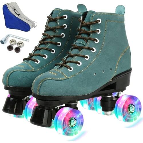 Cowhide Roller Skates Green Artificial Leather Double Line Skates Women Men Two Line Skating Shoes Patines With Black 4 Wheels
