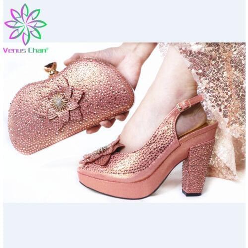 Latest Women Shoes and Bags To Match Set Italy Nigerian Women Party Shoes and Bag Set Decorated with Rhinestone Plus Size Shoes