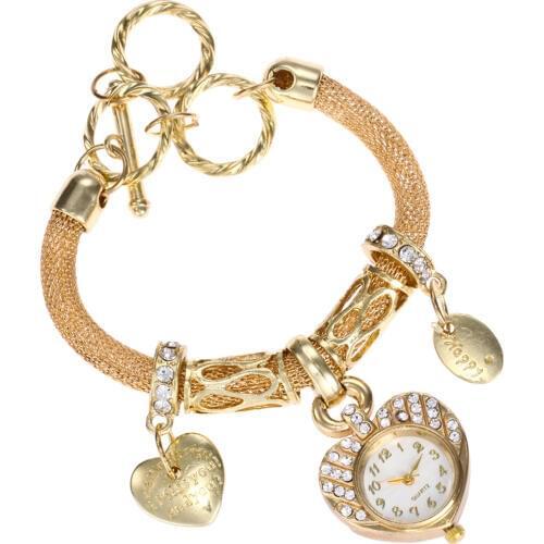 Shellhard Women Girls Love Heart Pendant Bangle Bracelet Watch Ladies Fashion Rhinestone Crystal Dress Quartz Wrist Watch