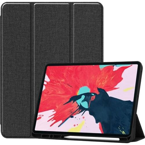 Tri-folding Magnet Fabric Leather Case with Pencil Slot for iPad Pro 12.9 2020/Pro 12.9 2018 Auto Sleep Wake UP Smart Cover+Pen