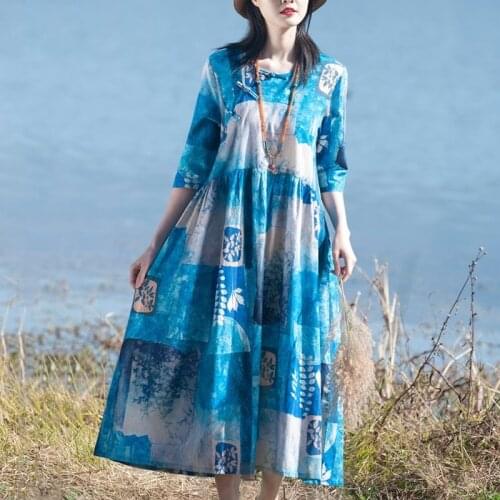 Retro Chinese Style Oblique Button Cotton Linen Dress Vintage Autumn Plus Size Long Dresses Loose Clothes Robe Vestido 12099