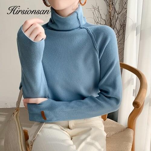 Hirsionsan Turtleneck Solid Color Sweater Women Basic Knitted Winter Splice Jumper Ladies Tops Casual Loose Bottoming Pullover