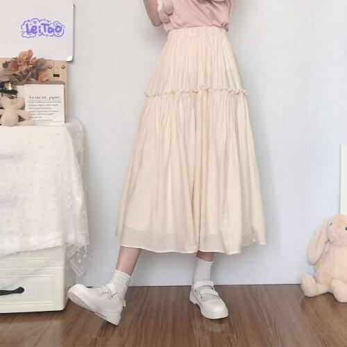 Skirts Women Pleated Solid Elegant Mid-calf Elastic Waist Streetwear Trendy Preppy Female Skirt All-match Leisure Stylish Ins