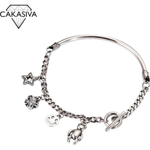 Thai Silver Vintage Star S925 Sterling Silver Charm Bracelet Womens New Style Cool Bear Pendant Bracelet Whip Chain