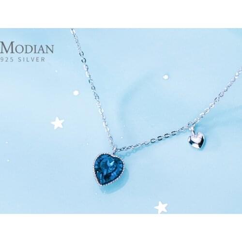 Modian Deep Blue Crystal Romantic Hearts Authentic 925 Sterling Silver Pendant Necklace for Women Fine Jewelry Girlfriends Gift