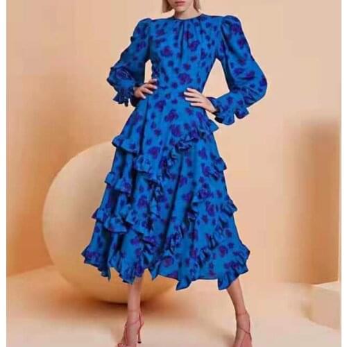 2021 Autumn Fashion Designer Dress Women Roes Blue Flowers Printed Long Sleeve Ruffles High Quality Elegant Dresses