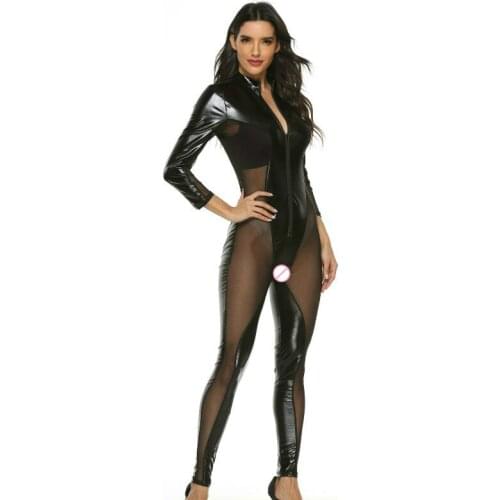 Women Patent Leather Catsuit Sexy Lingerie Mesh Transparent Erotic Underwear Ladies Bodysuit