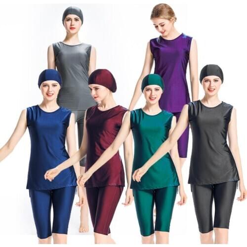3 PCS Swiming Suit Women Islamic Swimsuit Solid Color Plus Size Muslim Swimwear Conservative Sleeveless Burkini Vestido Hijab
