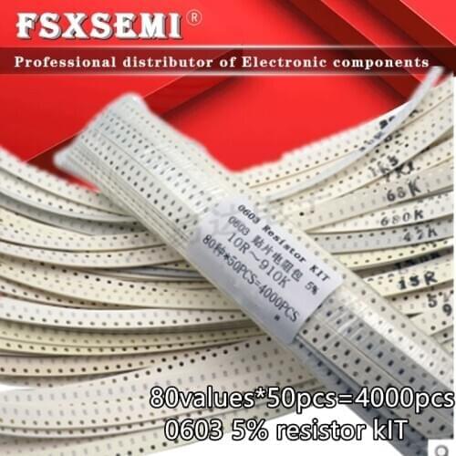 80values *50pcs=4000pcs 0603 5% SMD resistor kit Assortment Set 10R~910K ohm