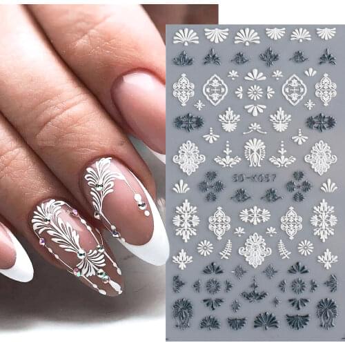5D Acrylic Nail Sticker Engraved White Flower Sliders Embossed Lace Wedding Nail Art Design Monogram Decals Manicure GL5D-K-1