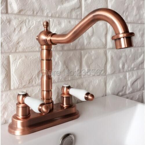 Antique Red Copper Swivel Spout Bathroom Basin Faucet and Kitchen Sink Faucets Dual Handle Cold / Hot Water Mixer Taps Lrg043
