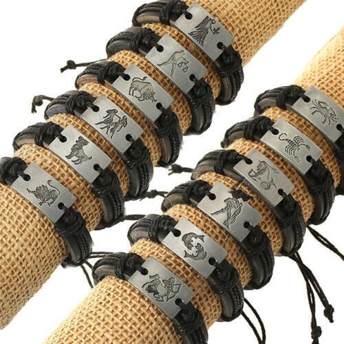Zodiac Bangle Gift Jewelry Wholesale Lot 12pcs Handmade Thread Antique Constellations Black Leather Bracelets Amulet