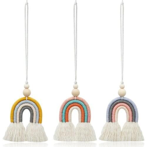 Wood Beads Car Ornament Rearview Mirror Hanging Pendant Decoration Interior Accessories Boho Rainbow Wall Hanging Diffuser