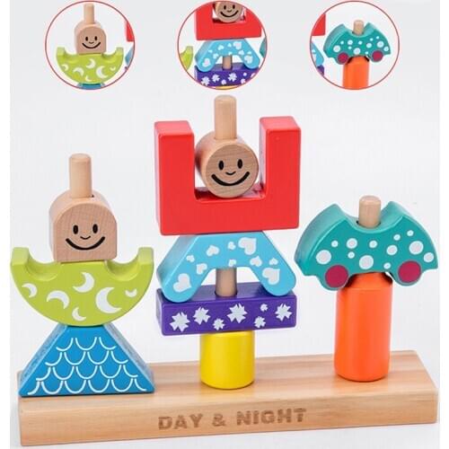 Wooden Toys for Children Sun&Moon Day&Night Pillar Blocks Early Learning Baby Birthday Christmas Gift Educational Toy for Kids