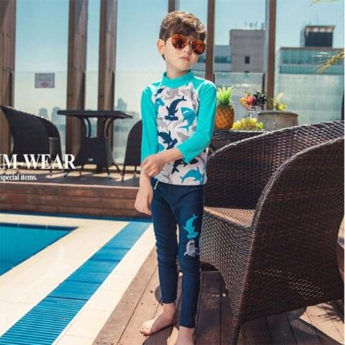 2-12Y Boys Rash Guards Kids 2 Pieces Swimwear Light Blue & Dolphin Print Children Long Sleeve Surf Suit Schoolboy Swim Pool Wear
