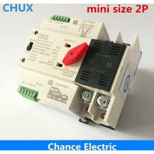 Dual Power Switch CXS2P-100A Mini ATS 2P Automatic Transfer Switch Electrical Selector Switches Din Rail Type ATS 63A 100A