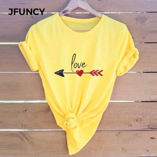 JFUNCY Plus Size Cotton T-Shirt Valentines Day Print Woman Shirt Casual Women Tshirt Female Short Sleeve Tees Summer Mujer Tops