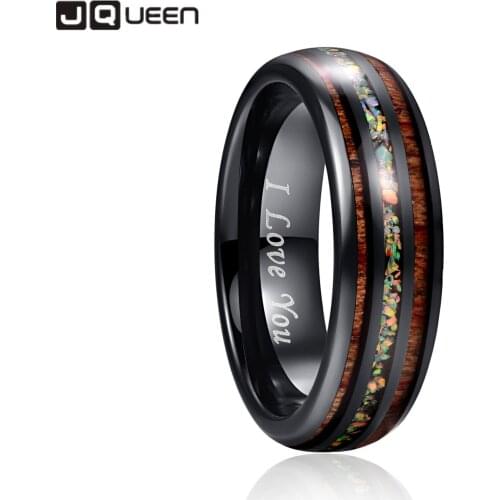 JQUEEN 6mm Vintage Dome Black Acacia Wood Opal Colorful Tungsten Ring for Women Engagement Ring Accessories