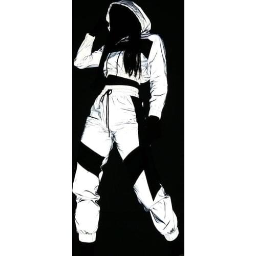 Female Loose Jacket Coat Matching Sets Plus Size Hip Hop Reflective 2 Piece Set Women Tracksuit Hoodies Crop Top Pants