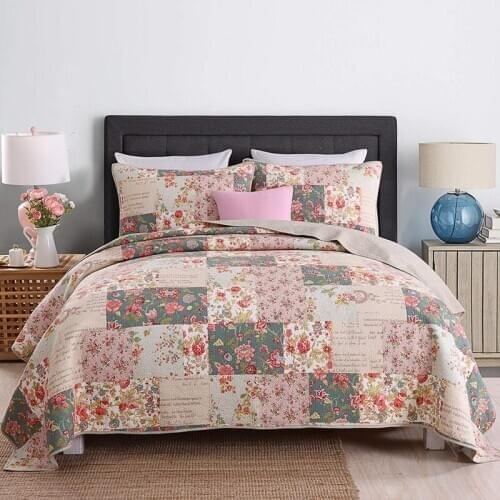 Egyptian cotton quilt Set countryside Floral Pattern quilted bedspread 3 Pieces Coverlet Set Queen Size bed cover