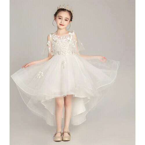 Short Front Long Back Flower Girl Dresses Leaf Lace Appliques Ruffled Sleeves High Low Kids Formal Gown