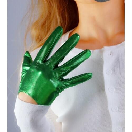 LATEX SHORT GLOVES Faux Shine Patent Leather 6" 16m Electric Green Wrist Long Women Leather Gloves WPU257