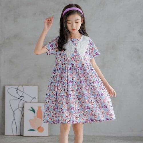Purple Cotton Preppy Style Dresses Little Big Girls Lace Collar Summer Dress For Kids Knee Length Princess Clothes 4 To 17 Years