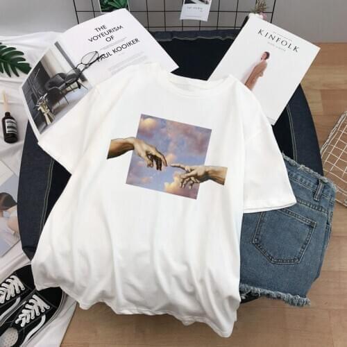 MICHELANGELO Summer T-shirts Aesthetic Art Oil Painting Sky Tops Female T Shirt Harajuku Funny Clothes O-neck Ladies Tees Shirts