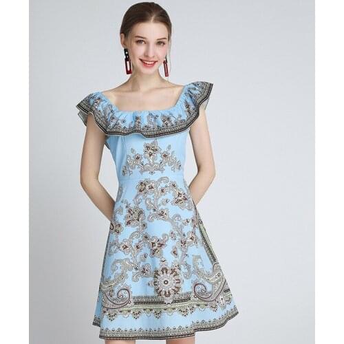European and American Style Fashionable Square Collar Butterfly Sleeve Vintage Floral Print Open-back Short-term A-line Dress