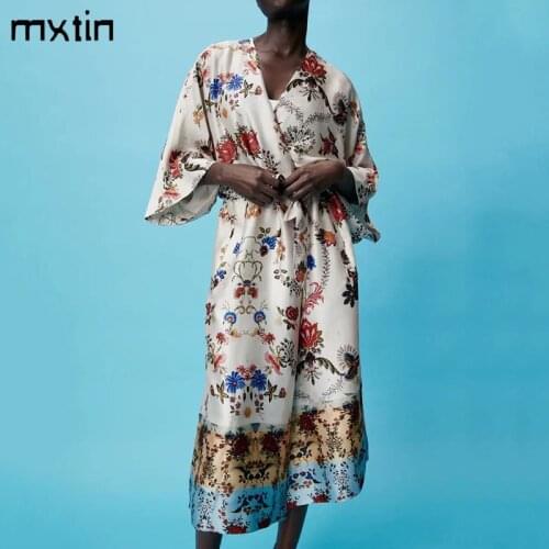 MXTIN 2021 Women Summer Vintage Floral Print Long Blouses Fashion V-Neck Short Sleeve Bow Tie Sashes Female Shirts Casual Tops