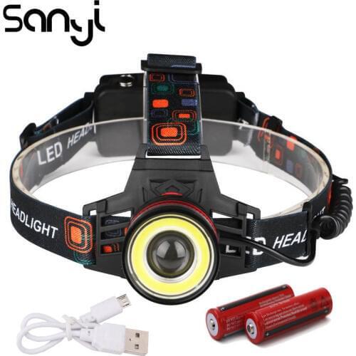 SANYI T6 COB Headlamp Torch Super Bright USB Rechargeable Flashlight Headlight LED Zoomable Lamp Camping Hunting Lighting