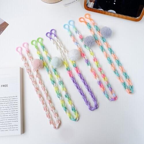 2021 New Cute Colorful Acrylic Link Chain Hair Balls Cartoon Pendant Glasses Mask Chain Strap Lanyard for Kids Women
