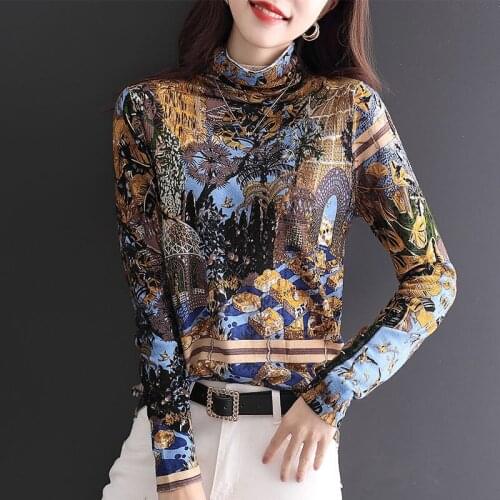 2021 Autumn New Fashion Chic Female Printed Turtleneck Long Sleeve Shirt Women Slim Knitted Blouses Womens Pullover Tops W741
