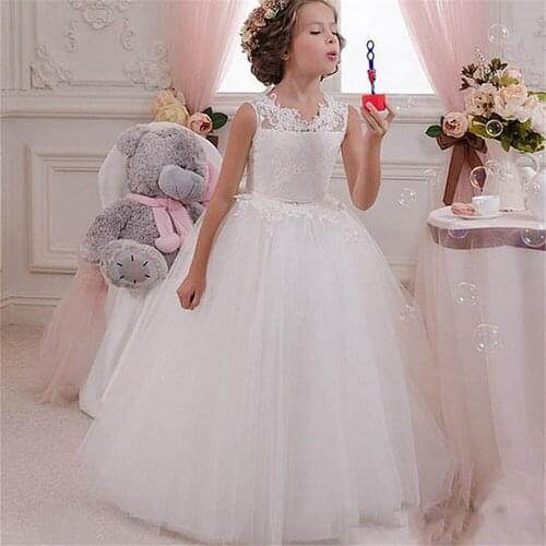 Flower Girl Dresses Vintage Jewel Sash Lace Net Baby Girl Birthday Christmas First Communion Dresses Children Girl Party Gown