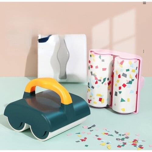 Portable tearable handle double roller brush sticky dust removal paper sticky hair removal device for household clothes