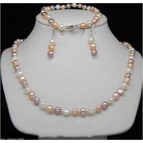 Selling Jewelry>>>Fashion White Pink Purple 6-7 Freshwater Pearl Necklaces&Bracelets&Earrings Set