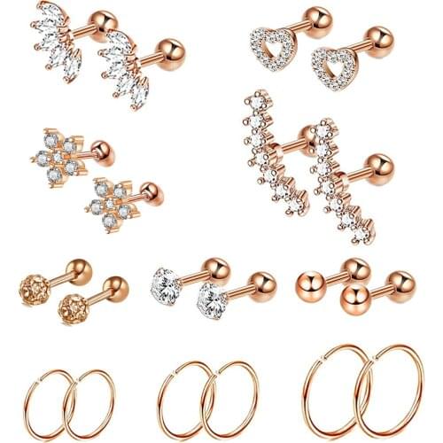 One set Medical Stainless steel Crystal Zircon Ear Studs Earrings For Women/Men 4 Prong Tragus Cartilage Piercing Jewelry helix