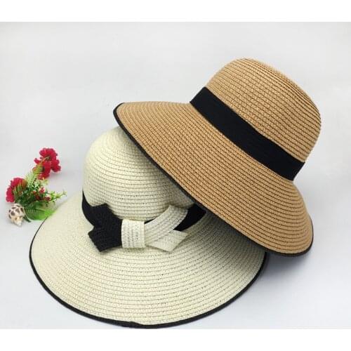South Korean straw hat women summer fold large brim beach hat women outdoor vacation sun-proof hat bow basin hat Free Shipping
