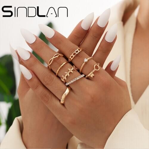 Sindlan 8Pcs Boho Crystal Gold Leaf Ring Set for Women Charms Vintage Geometric Hollow Key Female Fashion Korean Jewelry Anillos