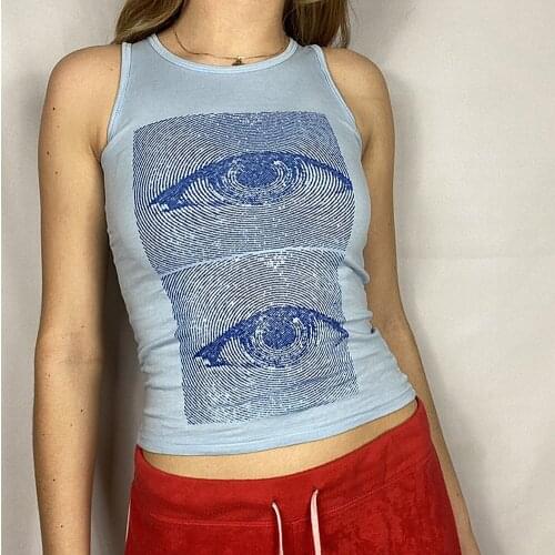 Vintage Eye Print Y2k Tank Tops Women Crewneck Cotton Cute Tank Top Harajuku Summer 90s Indie Aesthetic Vest E Girl Streetwear