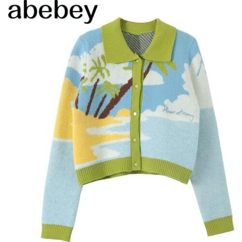 ZA 2021 Women Winter Cardigans With Turn-Down Collar Seaside Scenery Print Long Sleeve Knitted Outwear Green Yellow Coat