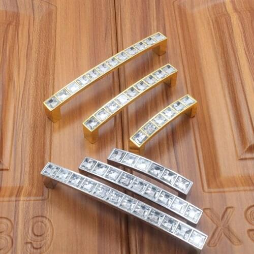 Golden Crystal Handle Drawer Cupboard Wine Cabinet Bright Chrome Solid Handle Hole Distance 64mm