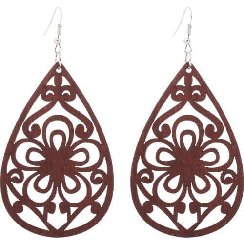 12 Pairs Good Quality Wood Earrings Organic brown Hollow African Woman Wooden Brincos Pendant 4.5x7cm